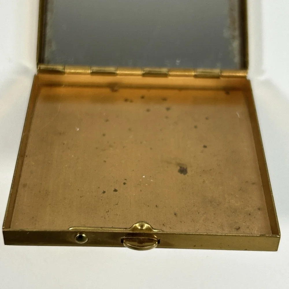 Vintage Compact Case w/Powder Puff, Gold Tone, Hand Painted Flowers READ